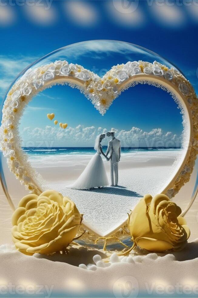 bride and groom standing in front of a heart shaped cake. . photo