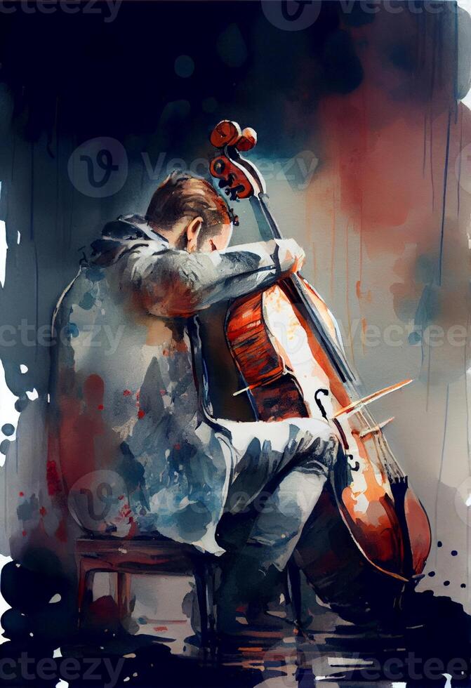 painting of a man playing a cello. . photo