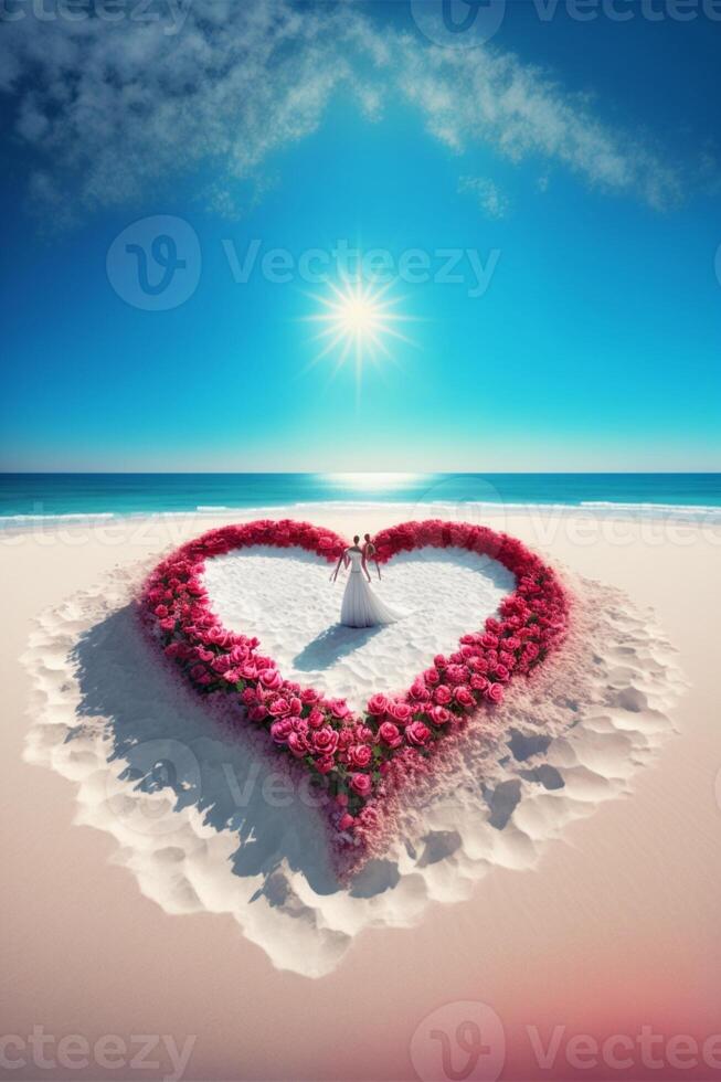 corazón hecho fuera de flores en un playa. generativo ai. foto