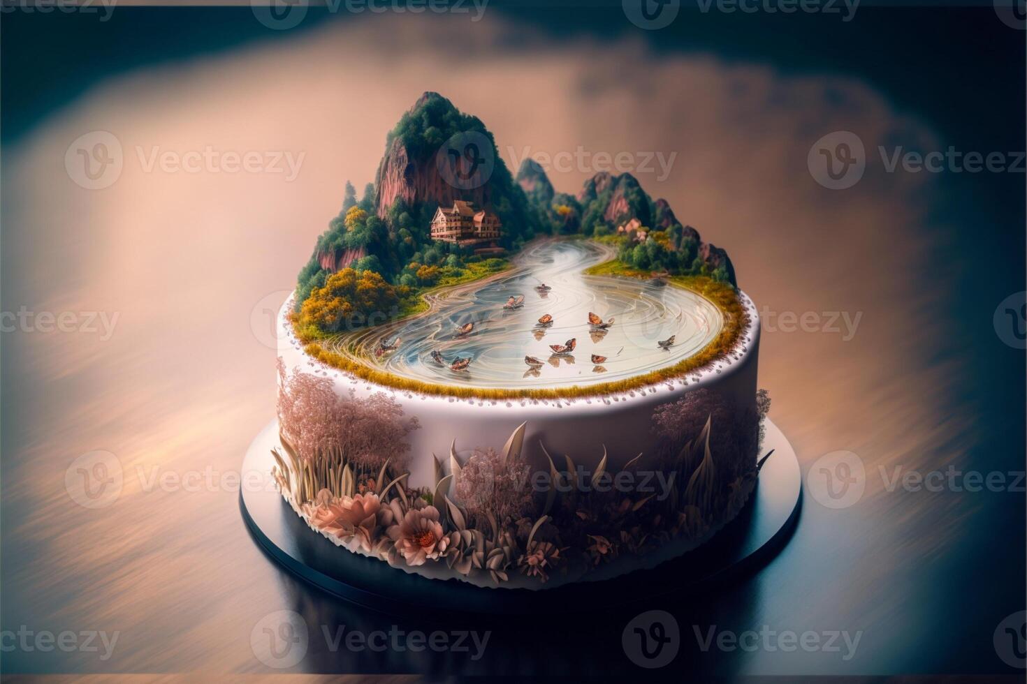 cake sitting on top of a wooden table. . photo