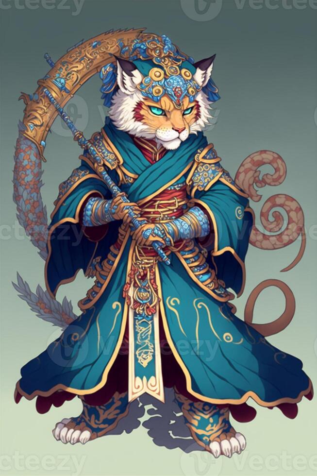 cat dressed as a chinese warrior holding a scythe. . photo