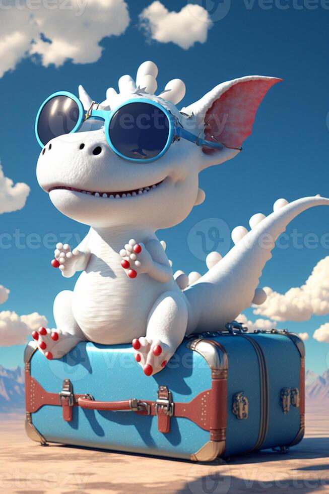 cartoon dragon sitting on top of a suitcase. . photo