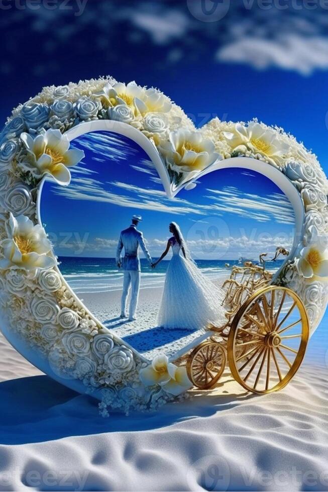 bride and groom standing in front of a heart shaped cake. . photo