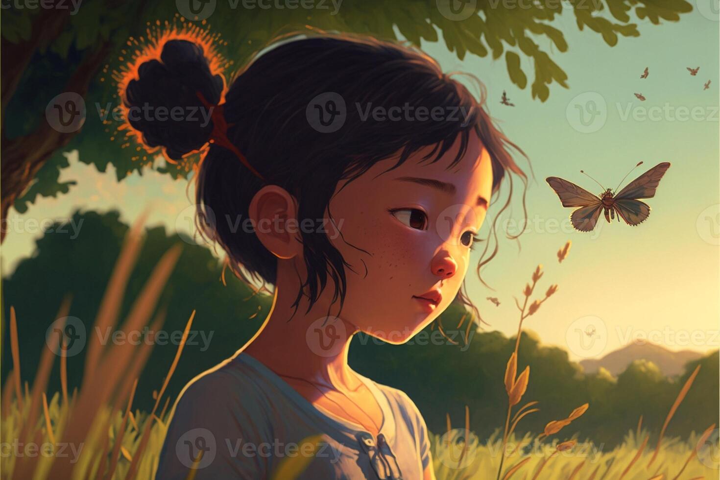 girl in a field looking at a butterfly. . photo