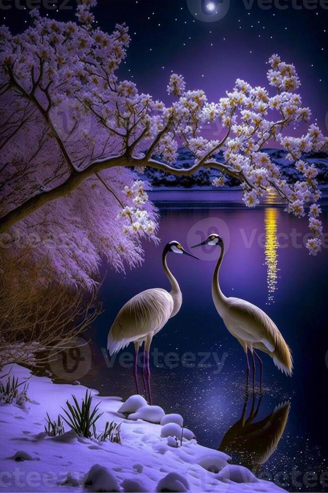 couple of birds standing on top of a snow covered field. . photo