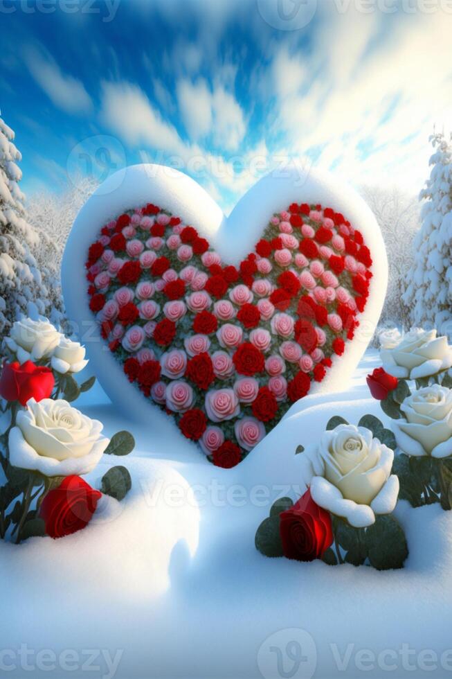 corazón hecho fuera de rosas en el nieve. generativo ai. foto