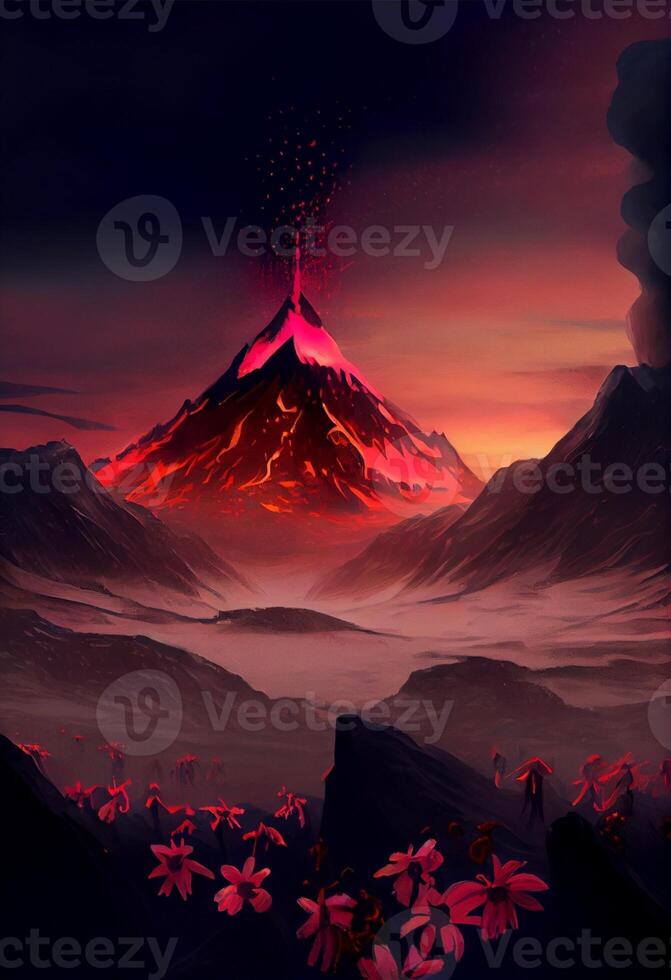 painting of a volcano with pink flowers in the foreground. . photo