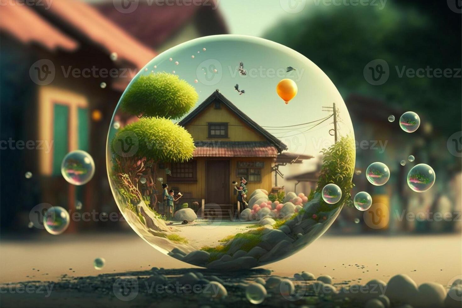 bubble filled with bubbles in front of a house. . photo