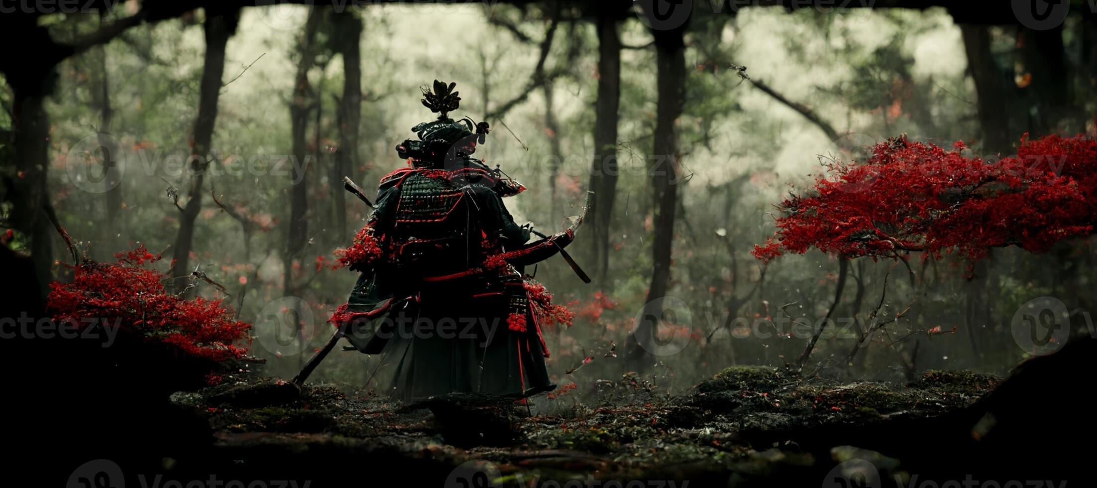 samurai standing in the middle of a forest. . photo