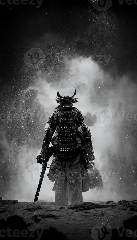 black and white photo of a samurai with a sword. .