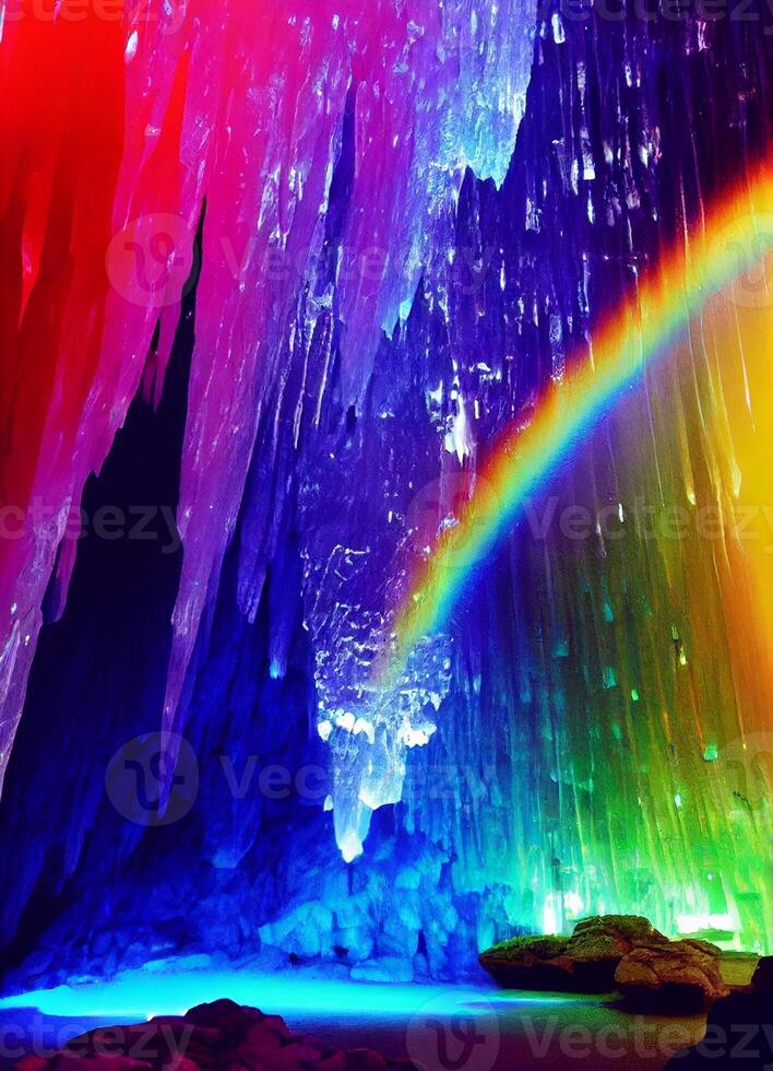 rainbow colored waterfall with a rainbow in the background. . photo