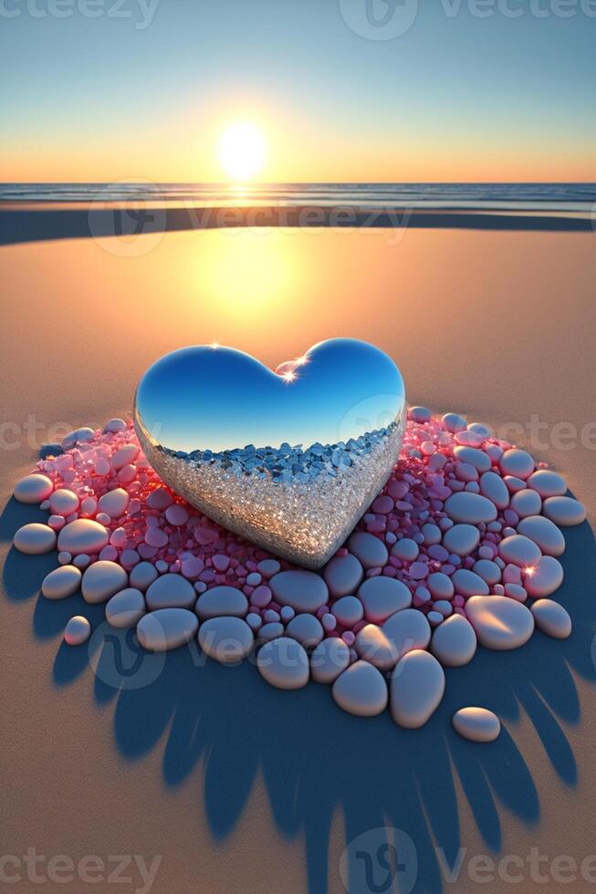 heart shaped object surrounded by pebbles on a beach. . photo