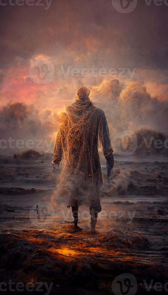 man standing on top of a beach next to the ocean. . photo