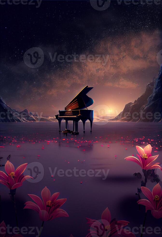 piano sitting in the middle of a field of flowers. . photo