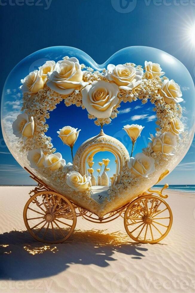 heart shaped carriage sitting on top of a sandy beach. . photo