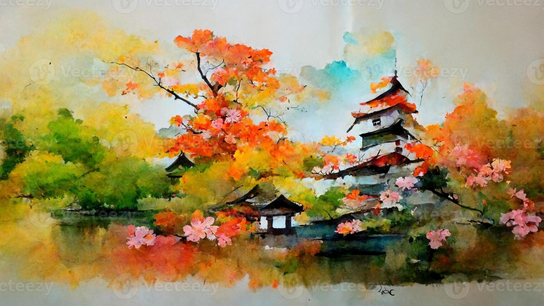 watercolor painting of a pagoda surrounded by trees. . photo