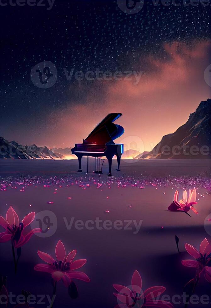 grand piano sitting on top of a field of flowers. . photo