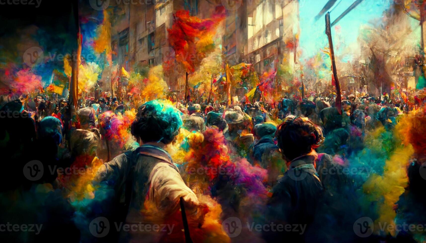 crowd of people covered in colored powder. . photo