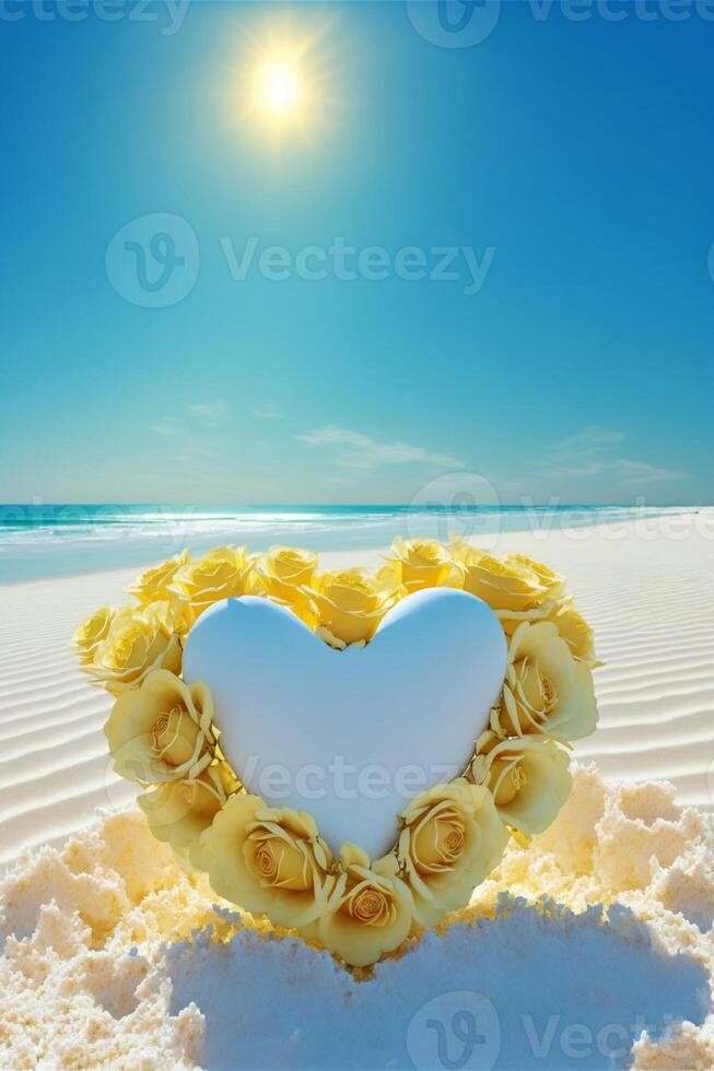 heart made out of yellow roses on a beach. . photo