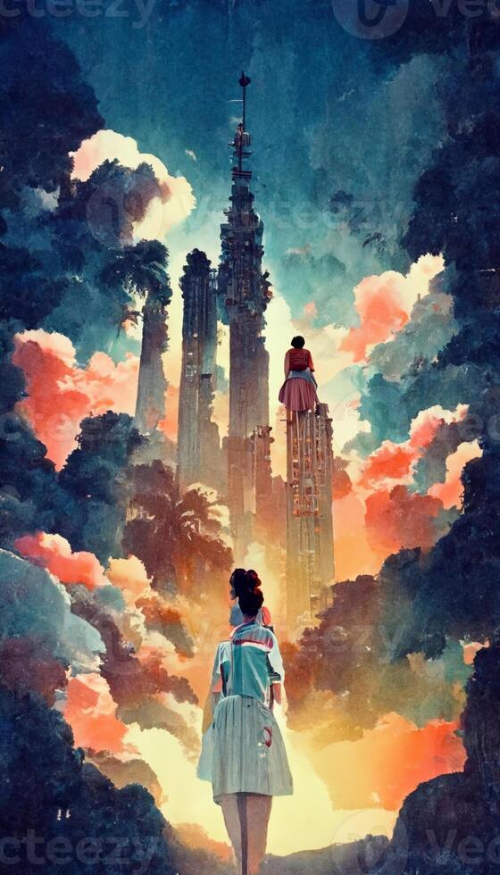 painting of a woman standing in front of a tall building. . photo