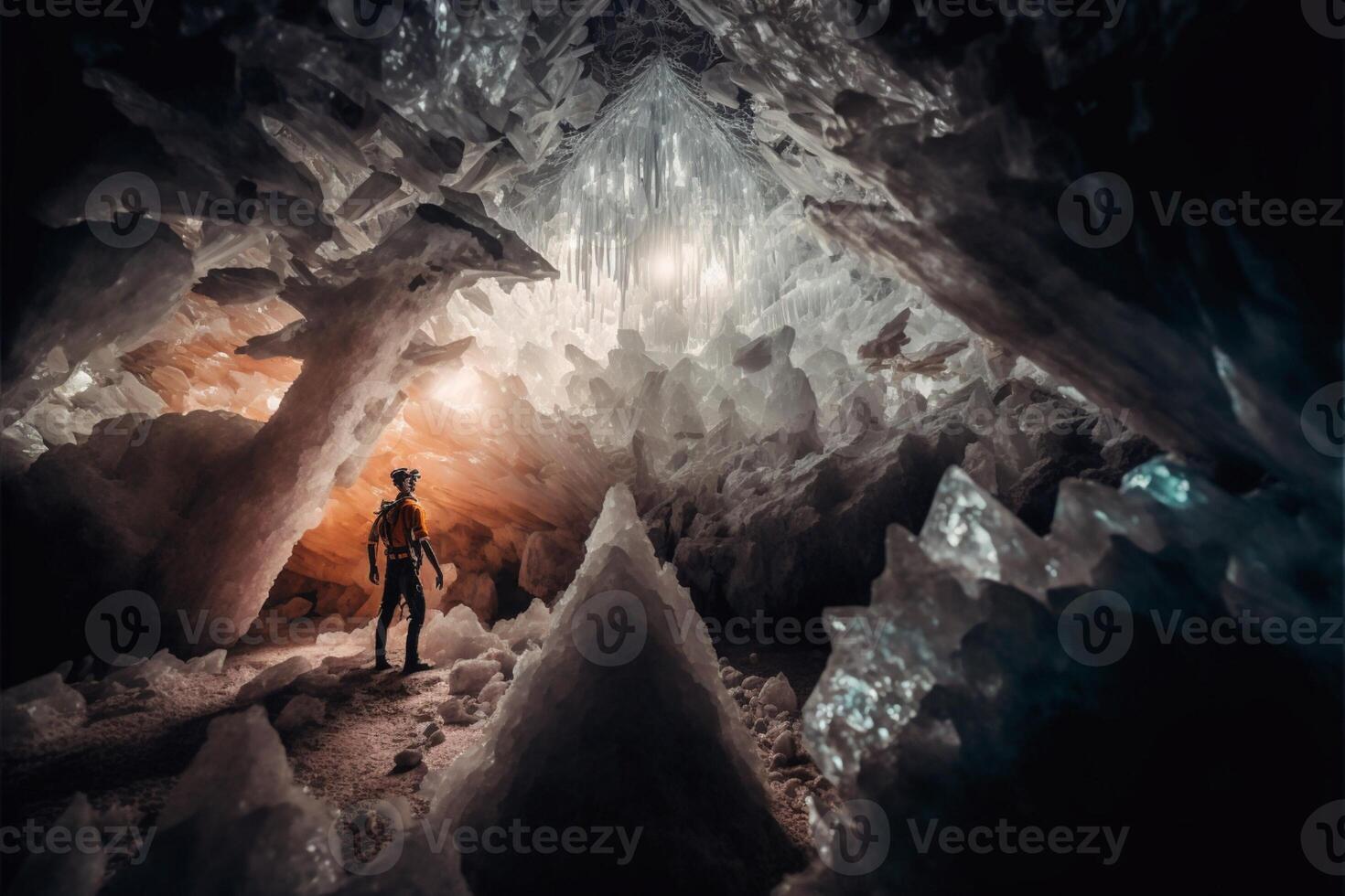 person standing in the middle of a cave. . photo