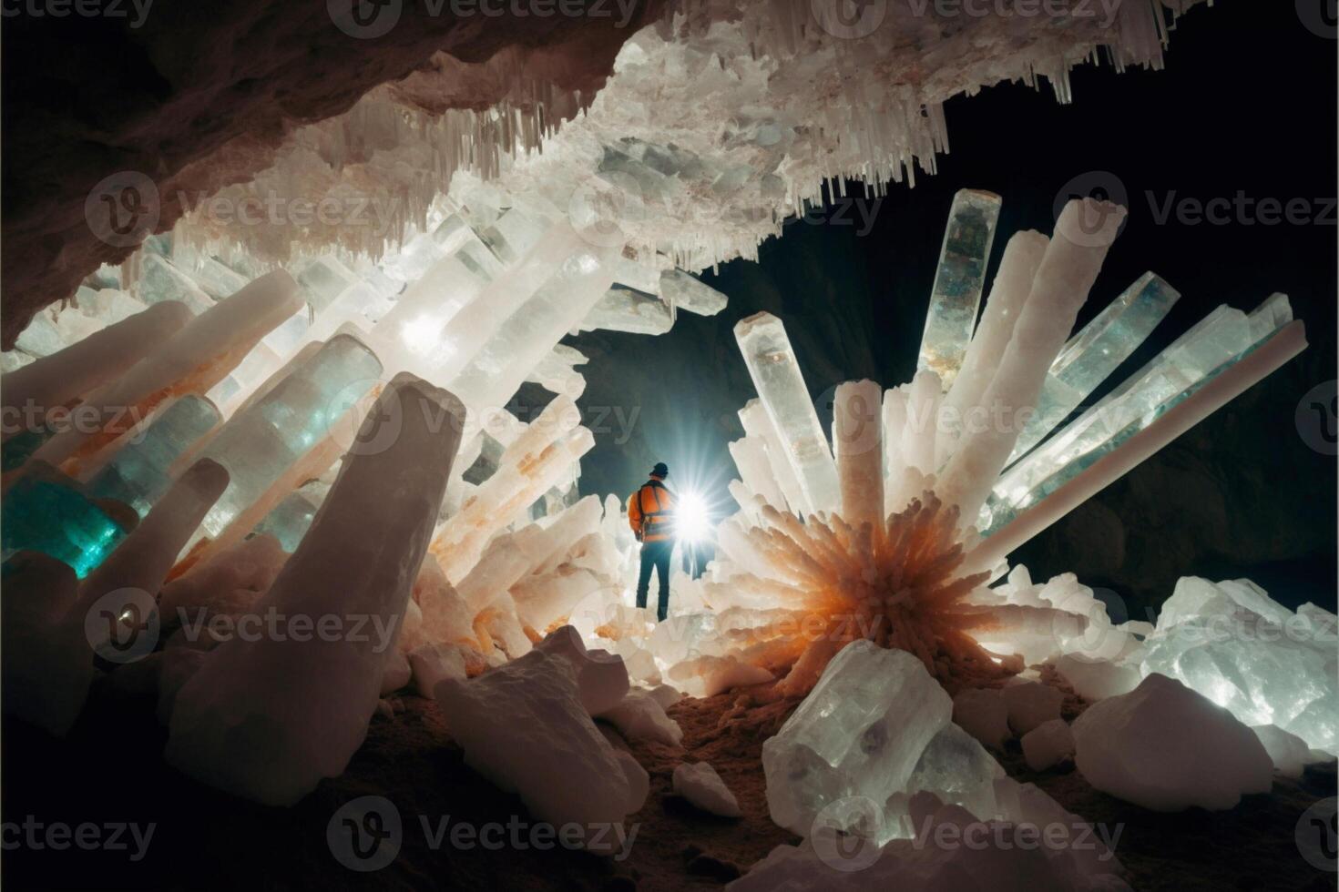 man standing inside of a cave filled with ice crystals. . photo