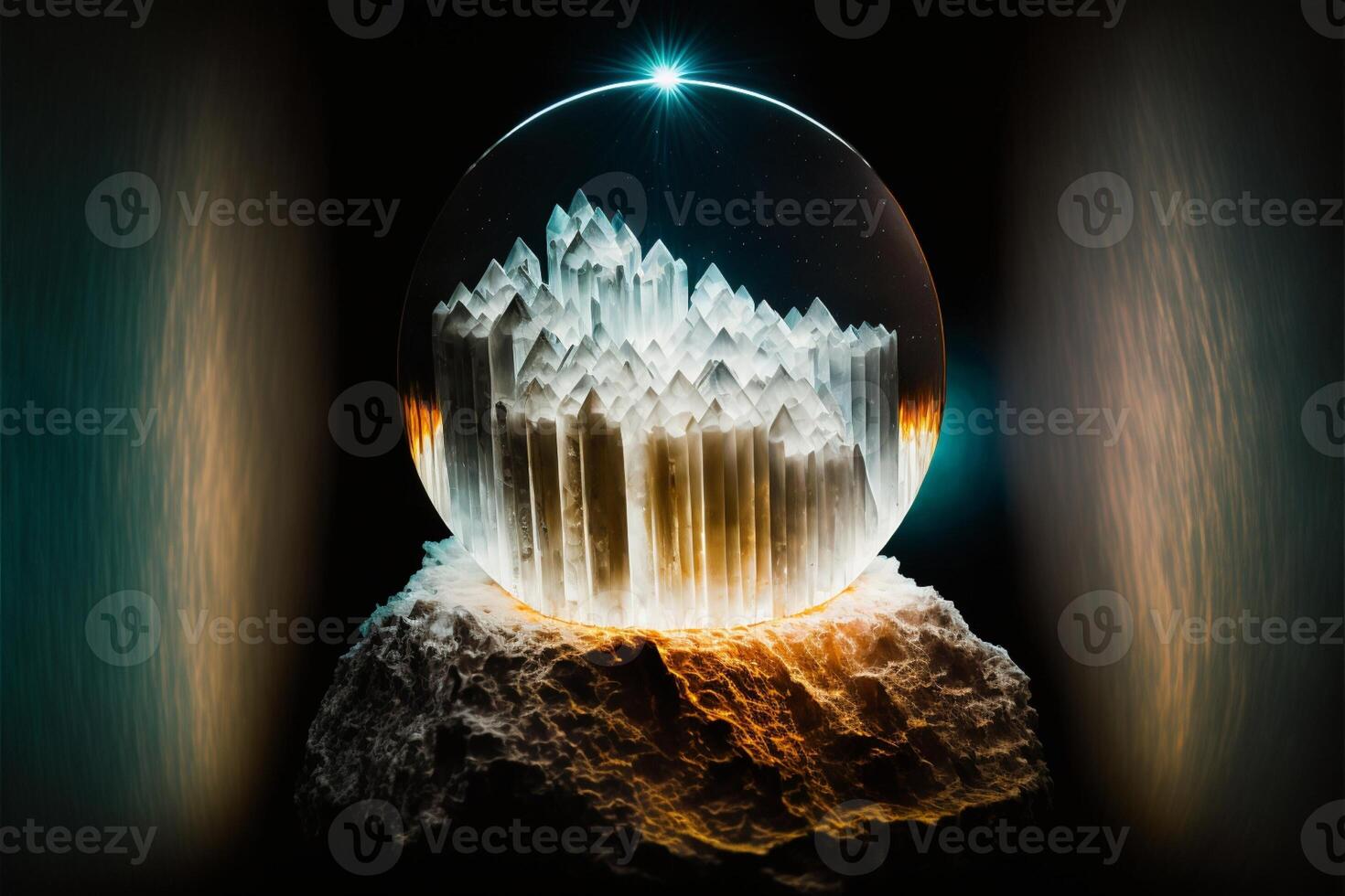 crystal ball sitting on top of a rock. . photo