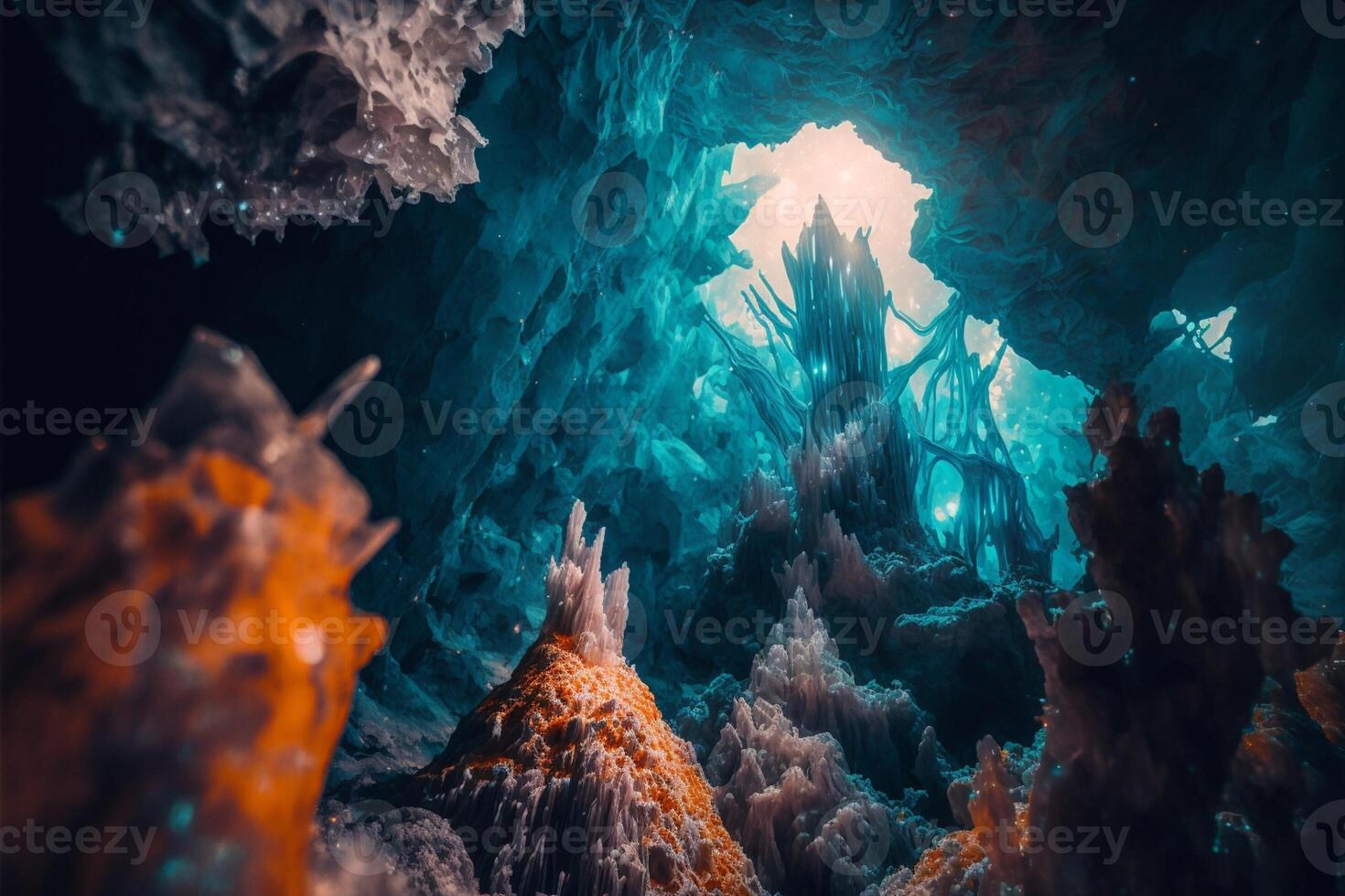 cueva lleno con un montón de diferente de colores rocas generativo ai. foto