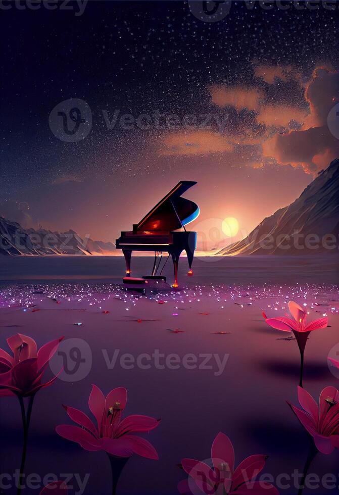 piano sitting in the middle of a field of flowers. . photo