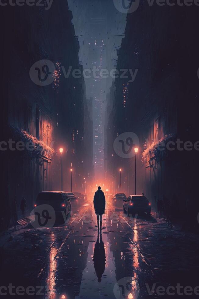 person walking down a city street at night. . photo