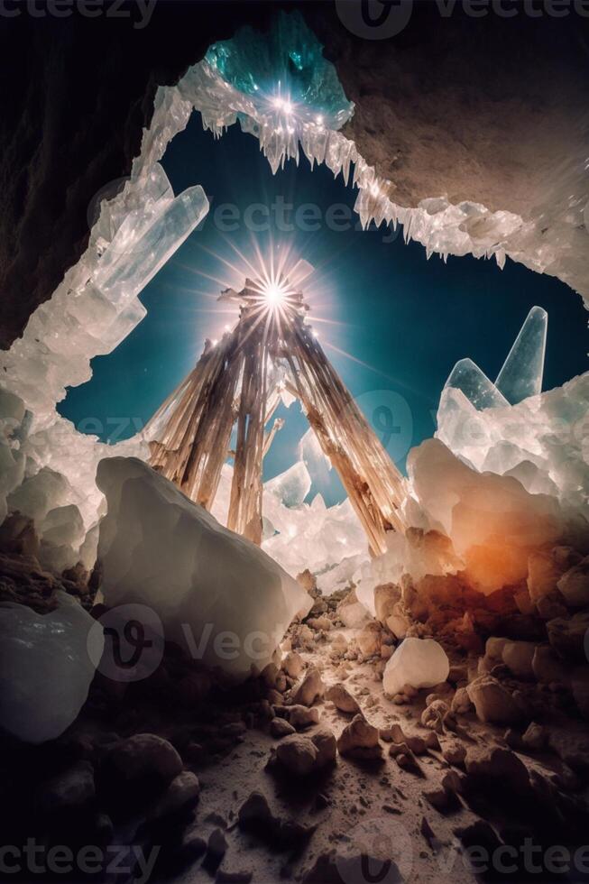 the sun shines through an ice cave. . photo
