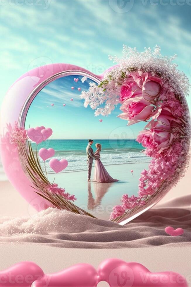 couple standing in a heart shaped frame on the beach. . photo