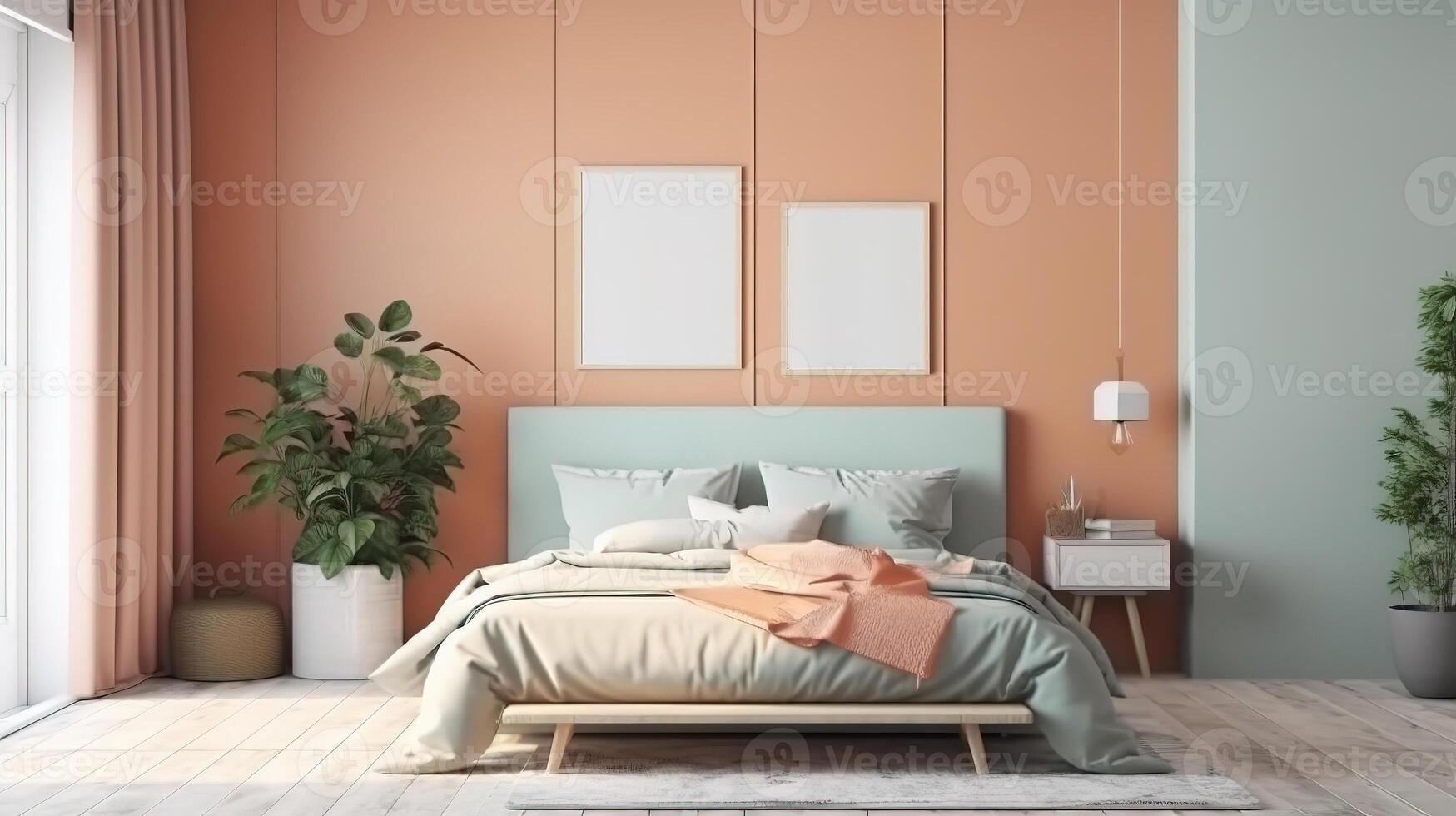 Picture frame mockup psd in a bright and clean modern bedroom. photo