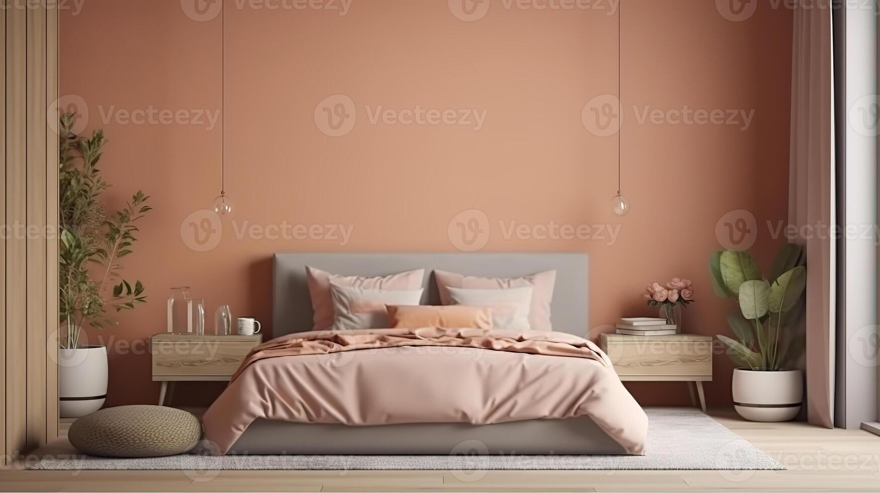 Mockup frame in cozy simple bedroom interior background. photo