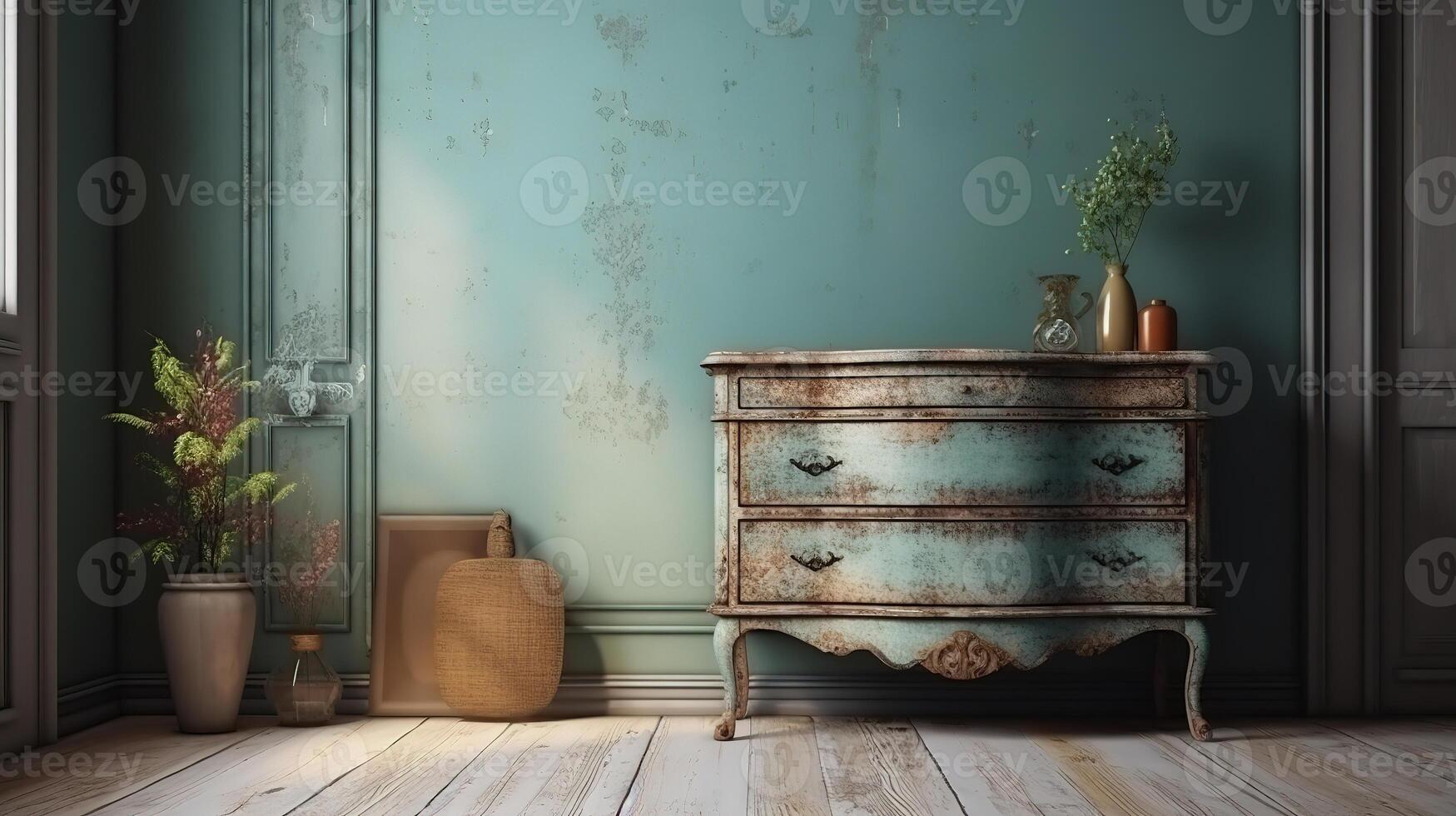 Modern wooden cabinet mockup in empty living room. photo