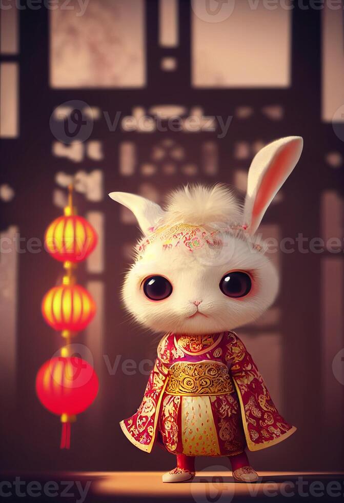 A little white rabbit in a soft Chinese. photo