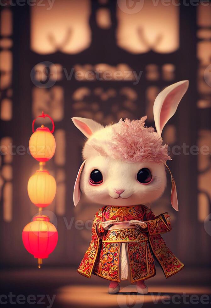 A little white rabbit in a soft Chinese. photo