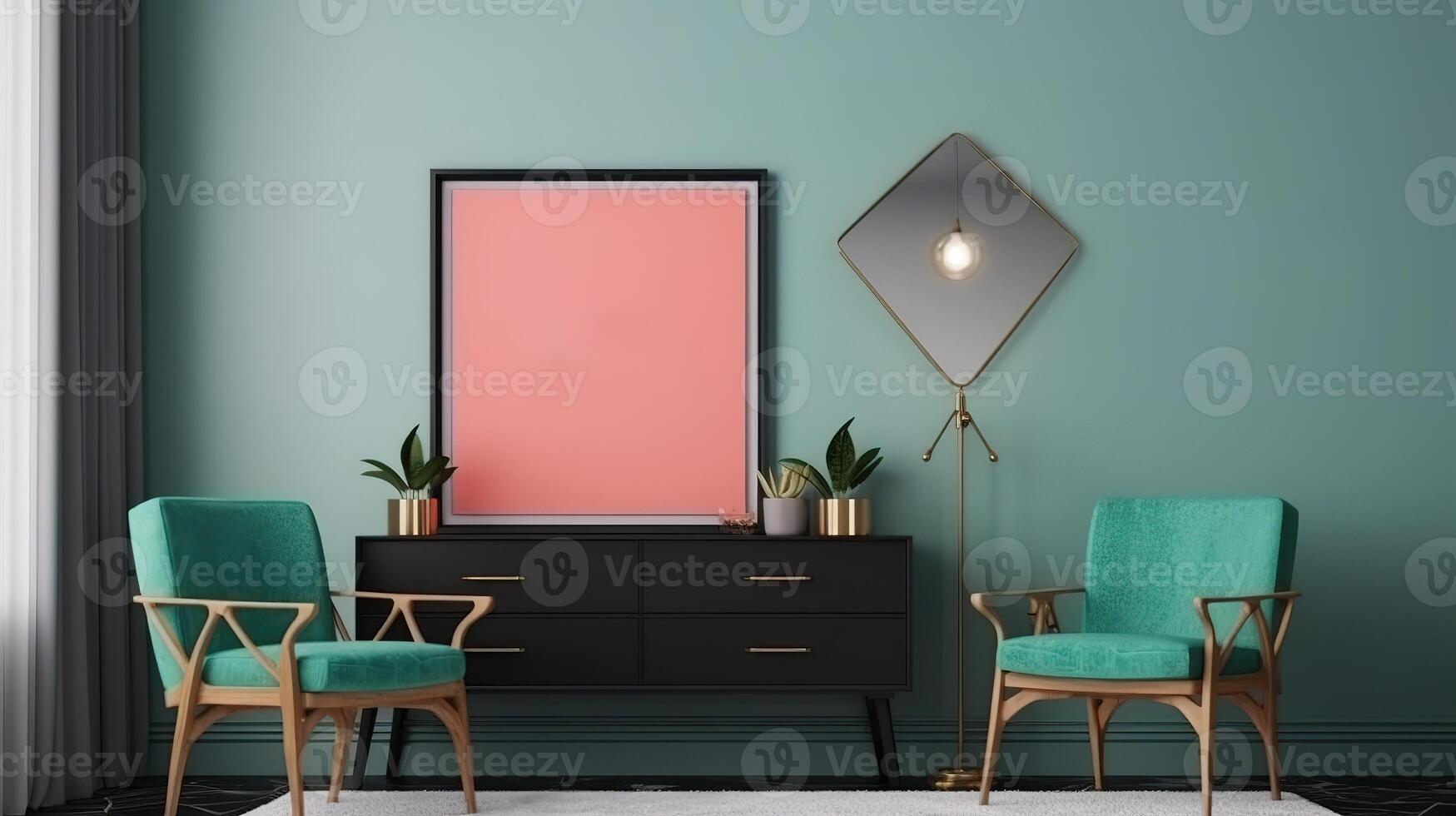 Mockup frame in nomadic boho interior background with rustic decor. photo