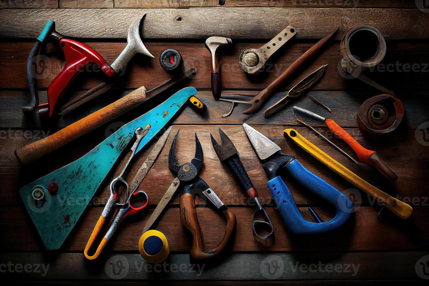 Happy labor day, Tools group different job on rustic wooden table, colorful. photo