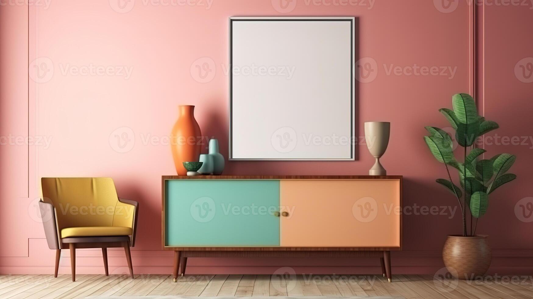 Mockup frame in nomadic boho interior background with rustic decor. photo