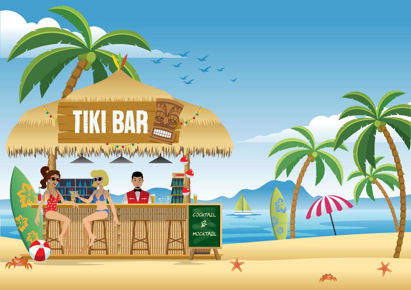 couple girl enjoying summer  at the tiki bar vector