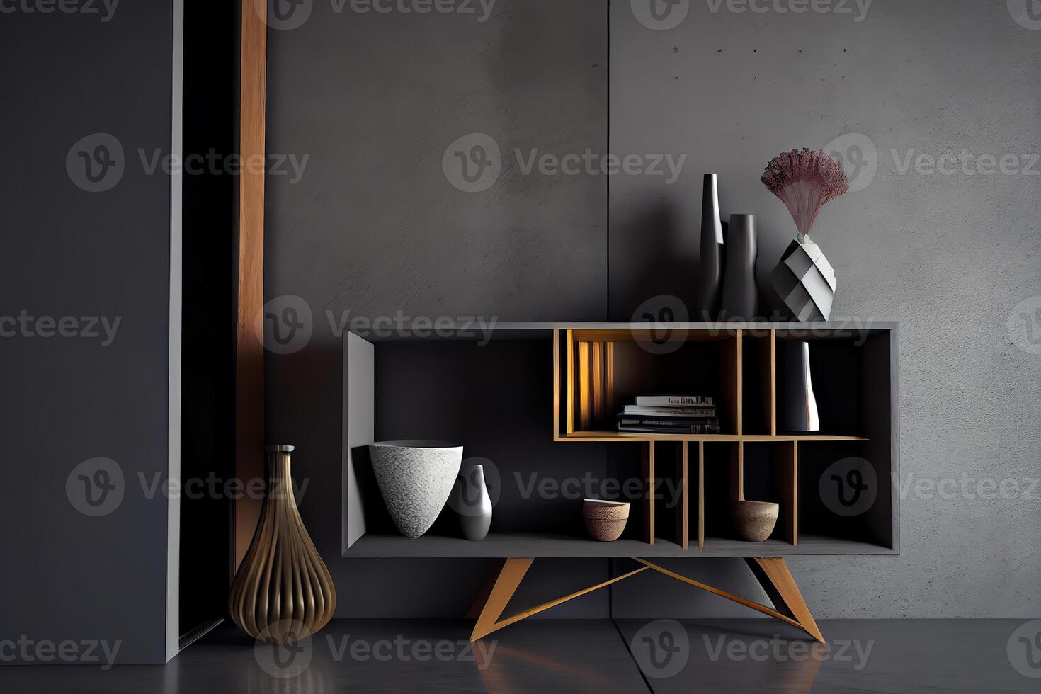 Minimalist bookshelf over dramatic concrete and wood background. photo