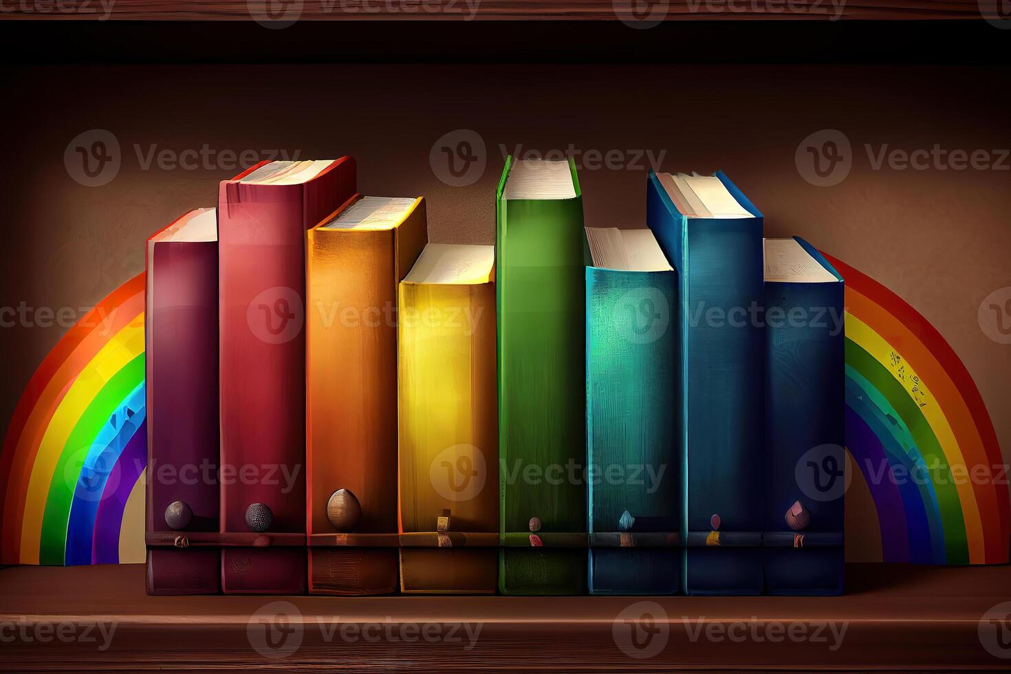 Row of old books on rainbow shelf. horizontal background scene. photo
