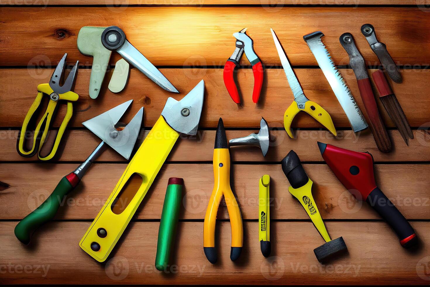 Happy labor day, Tools group different job on rustic wooden table. photo