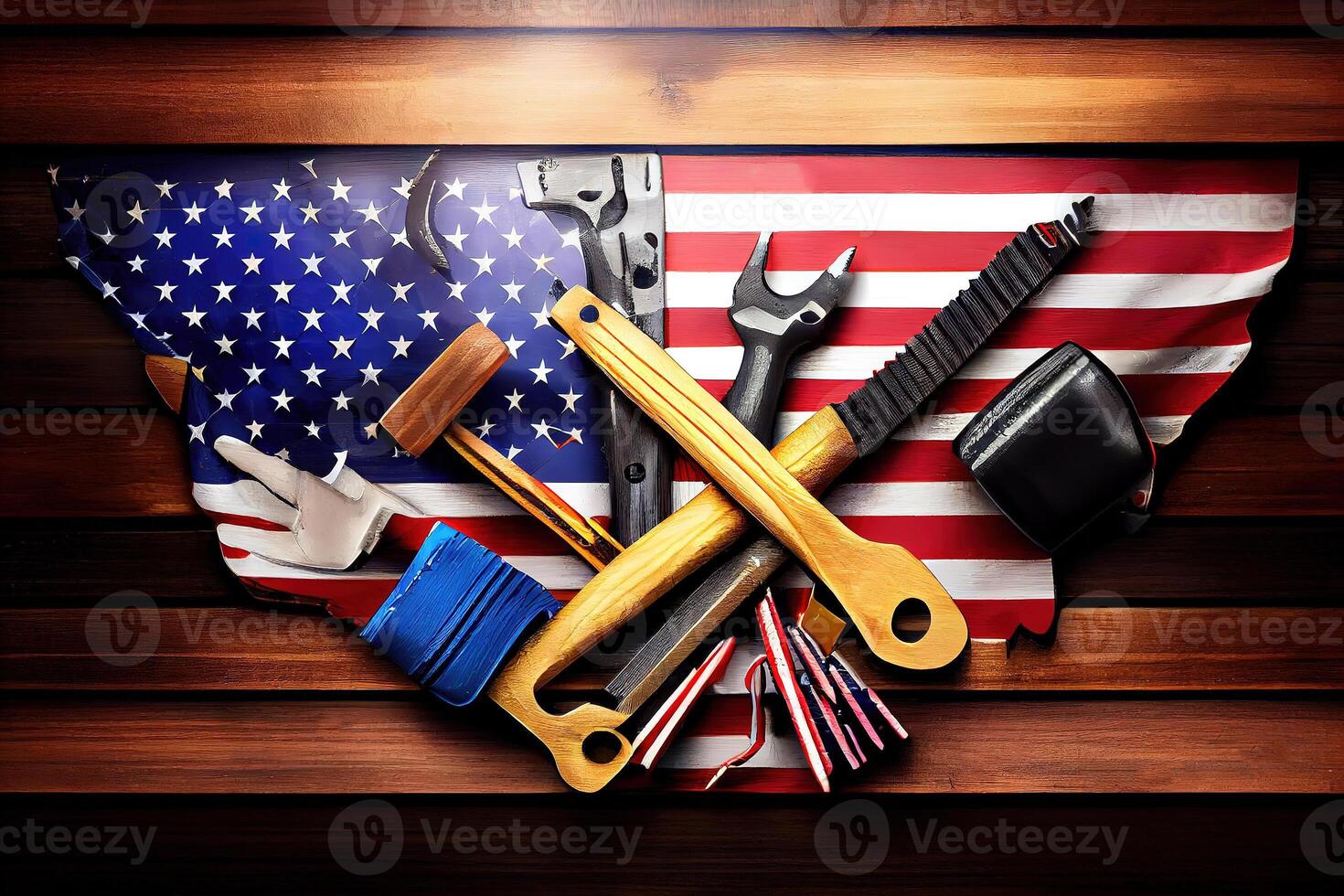 Labor Day, USA America flag with many handy tools on wooden background. photo