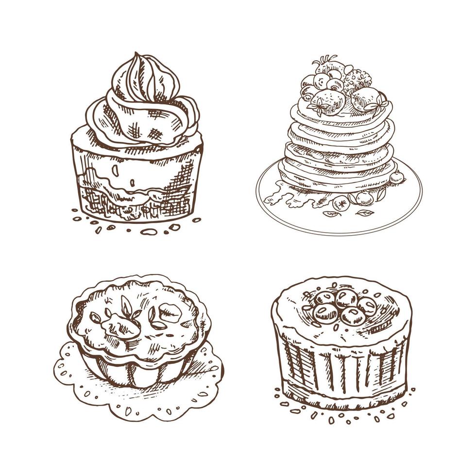 Desserts set on white background. Vintage  Illustration. Hand drawn sketch of Delicious Cupcake with cream top, pancakes with berries and syrup, tartlet. Design Gastronomy Product element. vector