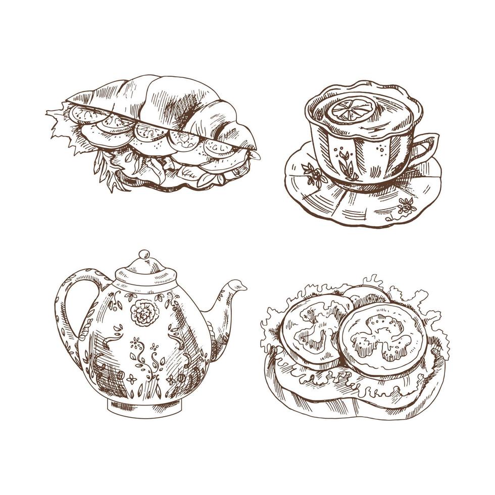 Desserts set on white background. Vintage Vector Monochrome Illustration. Hand drawn sketch of cup of tea with lemon, porcelain teapot, bruschetta with tomatoes, croissant stuffed with lettuce.