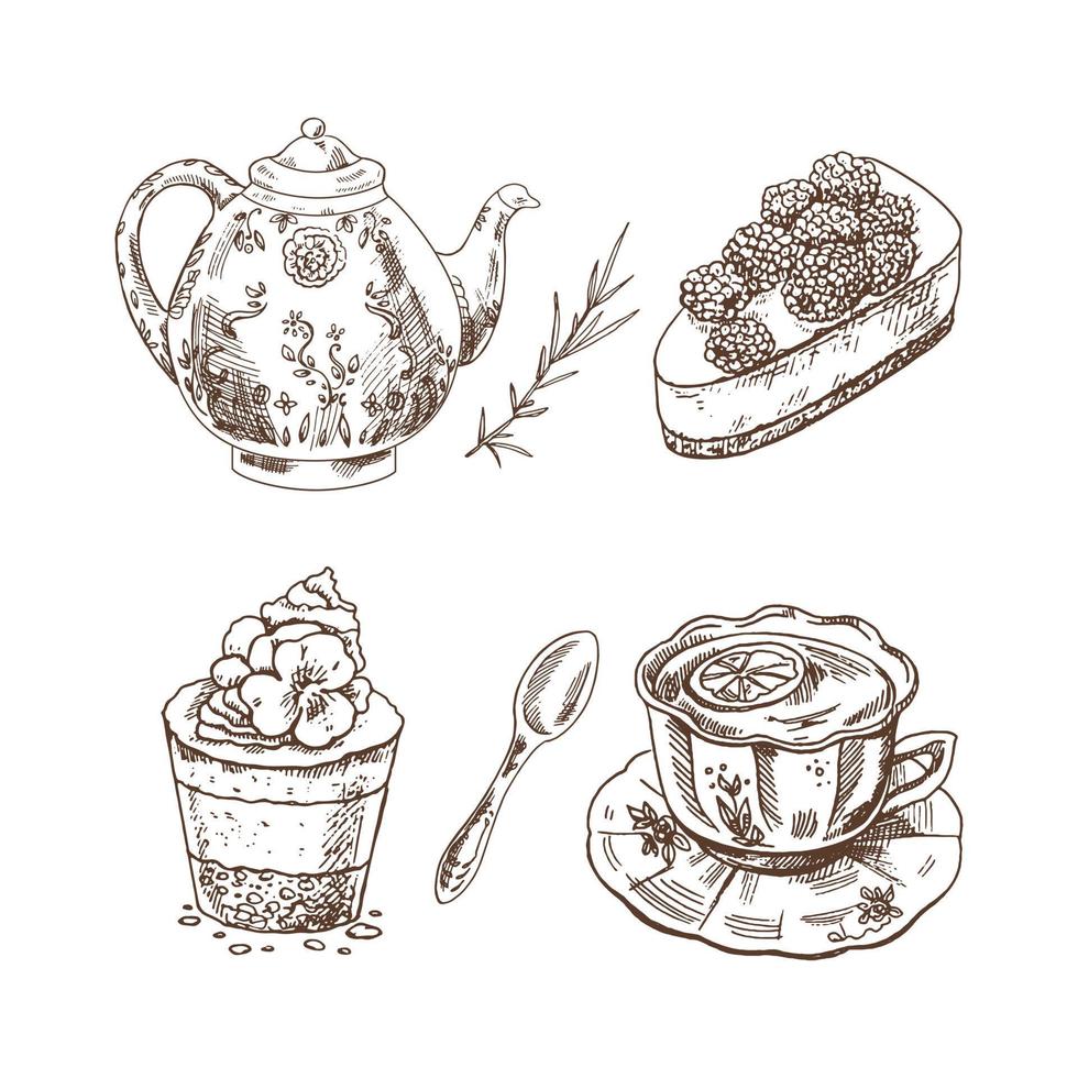 Desserts set on white background. Vintage Illustration. Hand drawn sketch of cup of tea with lemon, porcelain teapot, Cupcake With cream top and flower, Cake With blackberry, vintage spoon. vector