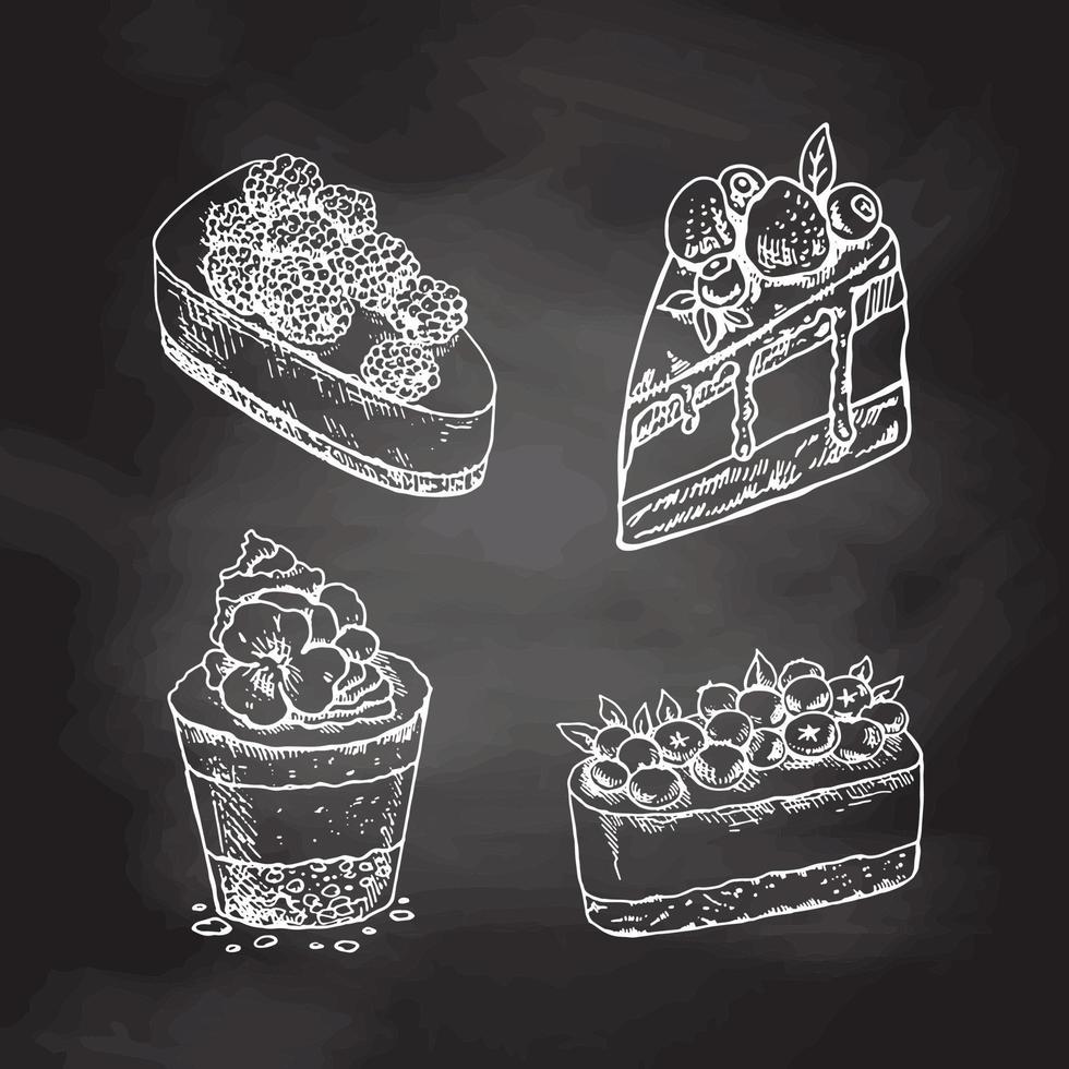 Desserts set isolated on chalkboard background. Hand drawn sketch of Delicious Cupcakes and cakes With cream and berry tops. Design Gastronomy Product element. Great for menu, poster or restaurant vector