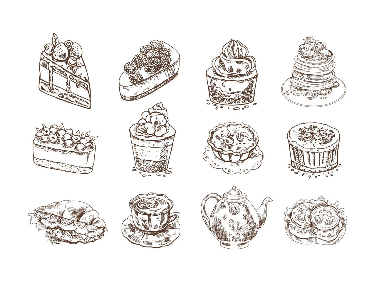 Desserts set on white background. Vintage. Hand drawn sketch of Delicious Cupcakes and cakes With cream and berry tops, pancakes with berries and syrup, tartlets, croissant, cup of tea vector
